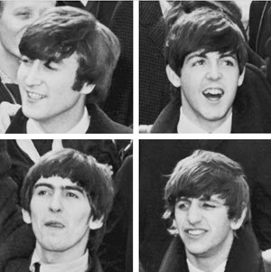 Photograph of The Beatles as they arrive in New York City in 1964.  A square quartered into four head shots of young men with moptop haircuts. All four wear white shirts and dark coats. Clockwise from top left: John Lennon, Paul McCartney, Ringo Starr, George Harrison