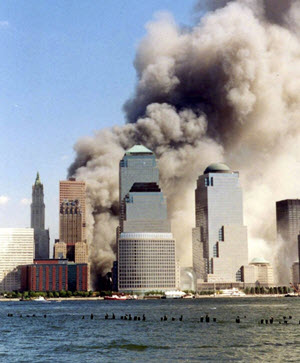 Collapse of the twin towers as seen from across the Hudson River in New Jersey
