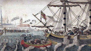 Engraving by W.D. Cooper showing the crates of tea being poured into Boston Harbour