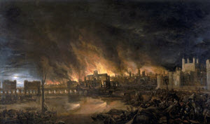 The Great Fire of London, depicted by an unknown painter, as it would have appeared from a boat in the vicinity of Tower Wharf on the evening of Tuesday, 4 September 1666. To the left is London Bridge; to the right, the Tower of London. St. Paul's Cathedral is in the distance, surrounded by the tallest flames.