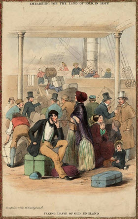 Families seated on their luggage awaiting embarkation (either to Australia or New Zealand) at the wharfside. 'Embarking for the land of gold in hope. Taking leave of old England'. By E. Noyce c1855