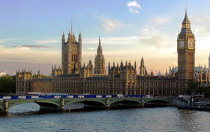 The Palace of Westminster in London, the meeting place of the Parliament of the United Kingdom.