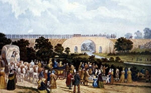 In the Opening of the Stockton and Darlington Railway, a watercolour painted in the 1880s by John Dobbin, crowds are watching the inaugural train cross the Skerne Bridge in Darlington.