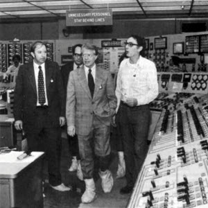 President Jimmy Carter touring the TMI-2 control room with (l to r) Harold Denton, Governor Dick Thornburgh, and James Floyd, supervisor of TMI-2 operations, on April 1
