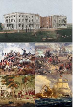 Clockwise from top: damage to the U.S. Capitol after the Burning of Washington; the mortally wounded Isaac Brock spurs on the York Volunteers at the battle of Queenston Heights; USS Constitution vs HMS Guerriere; The death of Tecumseh in 1813; Andrew Jackson defeats the British assault on New Orleans in 1815'