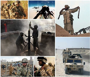 'Clockwise from top-left: British Royal Marines take part in the clearance of Nad-e Ali District of Helmand Province; two F/A-18 strike fighters conduct combat missions over Afghanistan; an anti-Taliban fighter during an operation to secure a compound in Helmand Province; a French chasseur alpin patrols a valley in Kapisa Province; U.S. Marines prepare to board buses shortly after arriving in southern Afghanistan; Taliban fighters in a cave hideout; U.S. soldiers prepare to fire a mortar during a mission in Paktika Province, U.S. troops disembark from a helicopter, a MEDCAP centre in Khost Province.