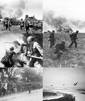 Clockwise from top left: German soldiers advance through Northern Russia, German flamethrower team in the Soviet Union, Soviet planes flying over German positions near Moscow, Soviet prisoners of war on the way to German prison camps, Soviet soldiers fire at German positions.'