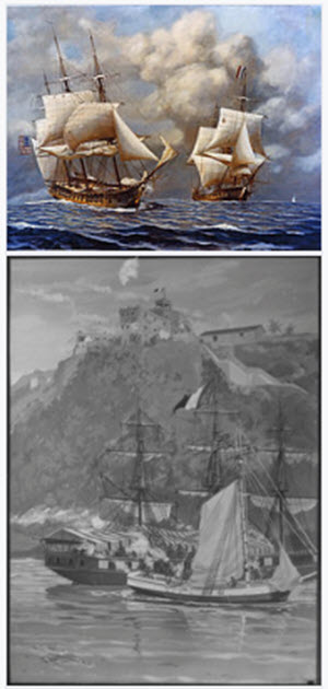 From top to bottom: USS Constellation vs L'Insurgente; U.S. Marines from USS Constitution boarding and capturing French privateer Sandwich'