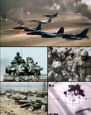 Clockwise from top: USAF F-15Es, F-16s, and a F-15C flying over burning Kuwaiti oil wells; British troops from the Staffordshire Regiment in Operation Granby; camera view from a Lockheed AC-130; Highway of Death; M728 Combat Engineer Vehicle.